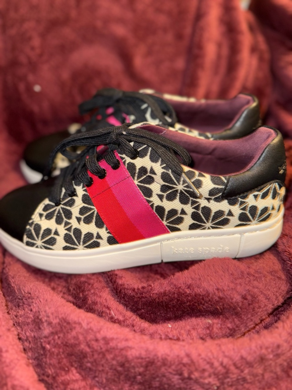 kate spade Black & Cream Floral Sneakers with Pink and Red Stripe